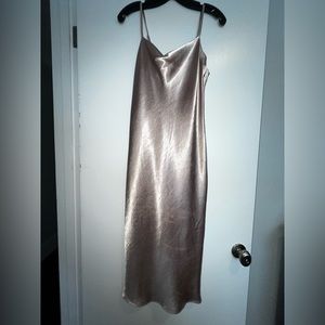 Lulu’s Champagne Sateen Strappy Swoop Neck Midi Dress